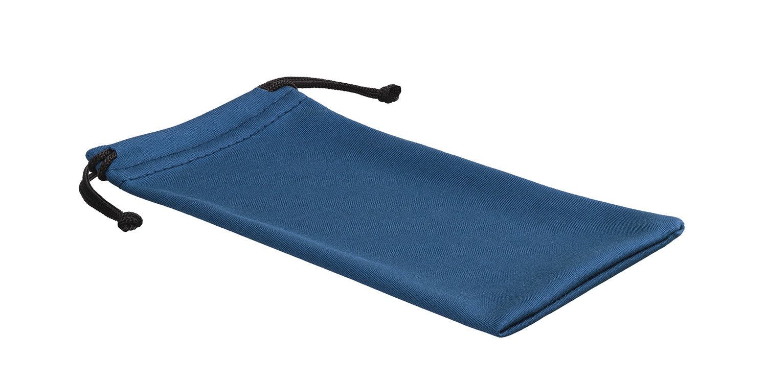 Blauer Mikrofaser-Beutel mit schwarzem Kordelzug. Schräge Ansicht.