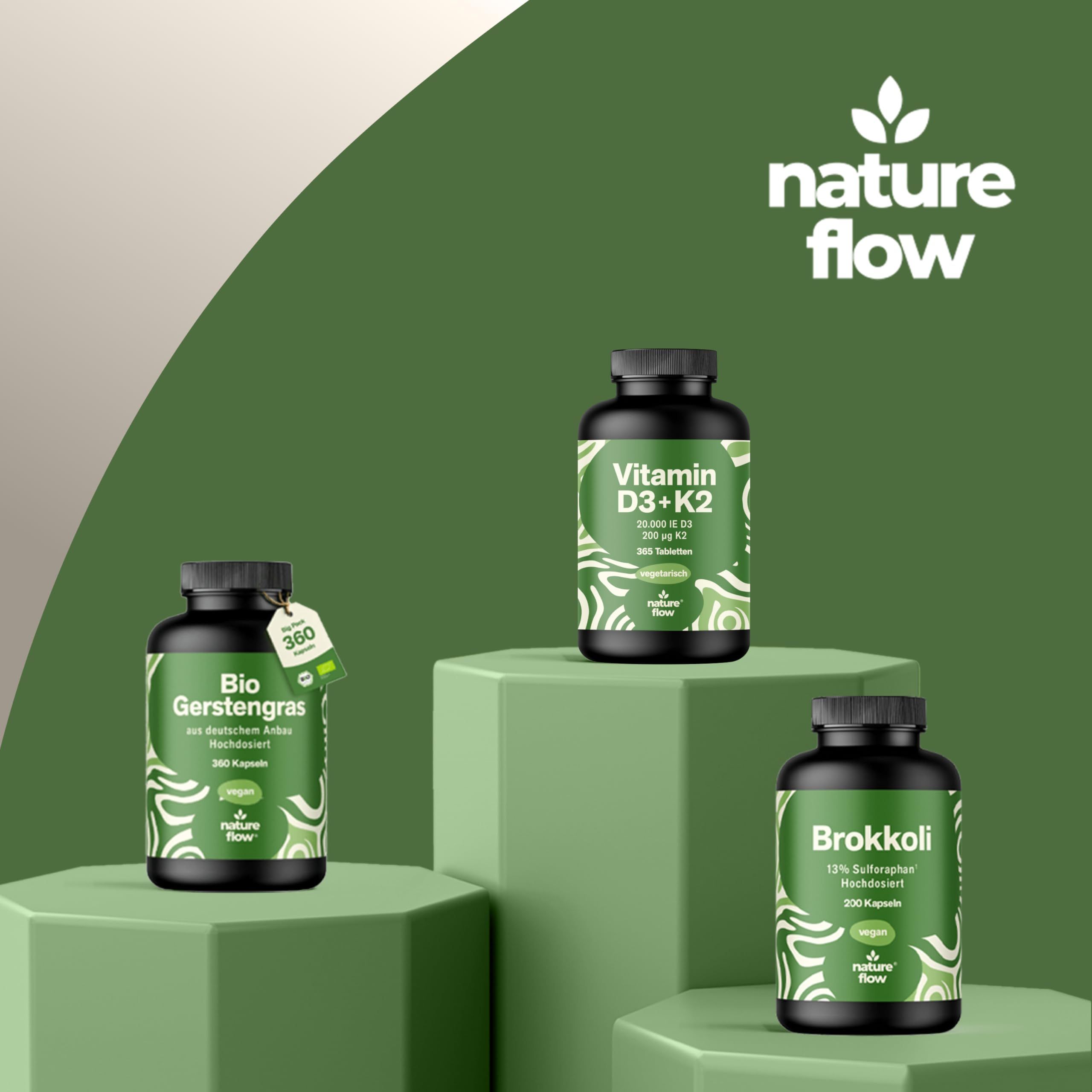 Drei Flaschen auf Podesten. Flaschen: Bio Gerstengras, Brokkoli, Vitamin D3+K2. Alle Flaschen haben schwarze Deckel und grüne Etiketten.