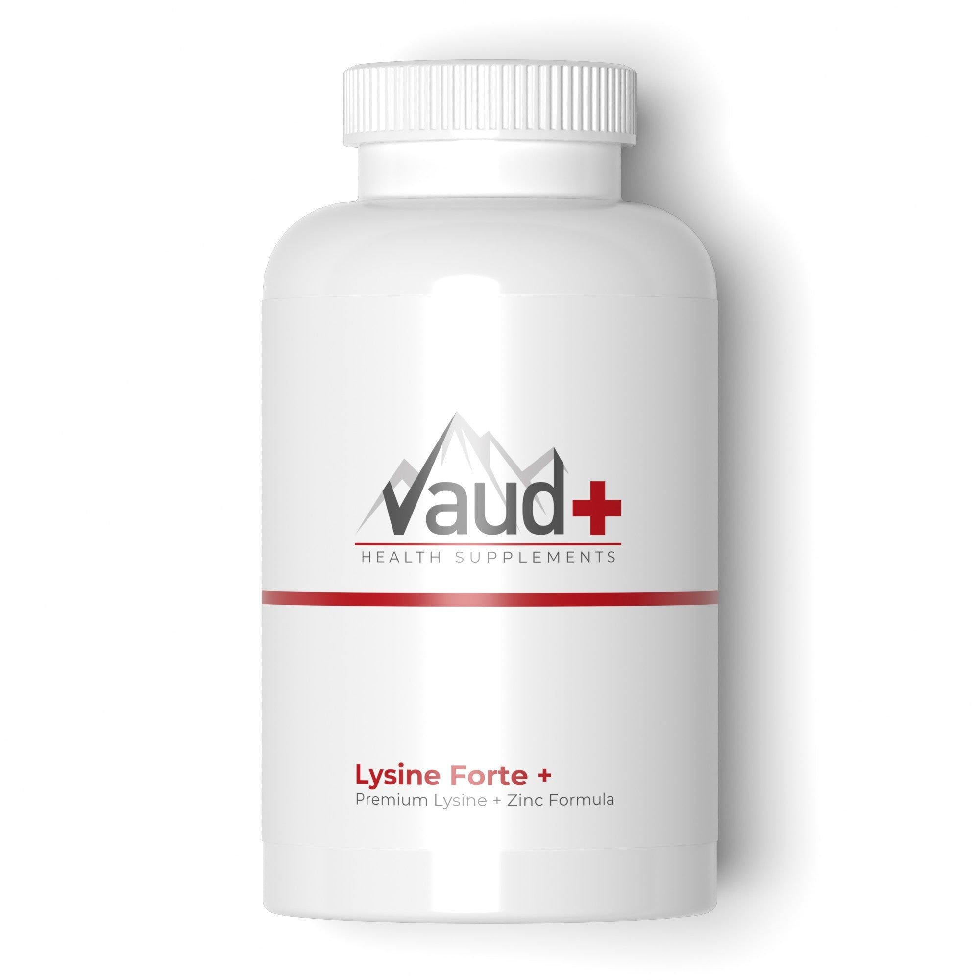 Vaud Lysine Forte Flasche mit rotem und grauem Logo.