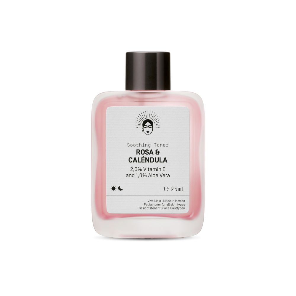 Viva Maia Soothing Toner mit Rosa und Caléndula in einem rechteckigen Glasflakon mit schwarzem Deckel.