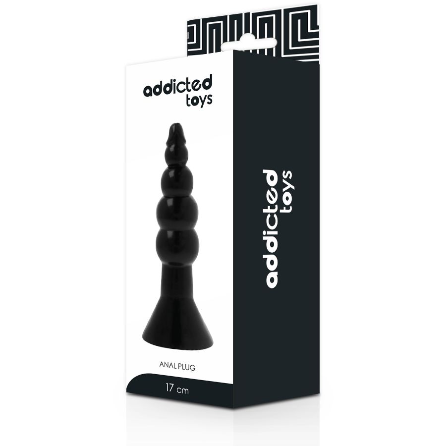 Verpackung mit schwarzem Analplug. Marke Addicted Toys. Produktname und Größe (17 cm) auf der Verpackung.
