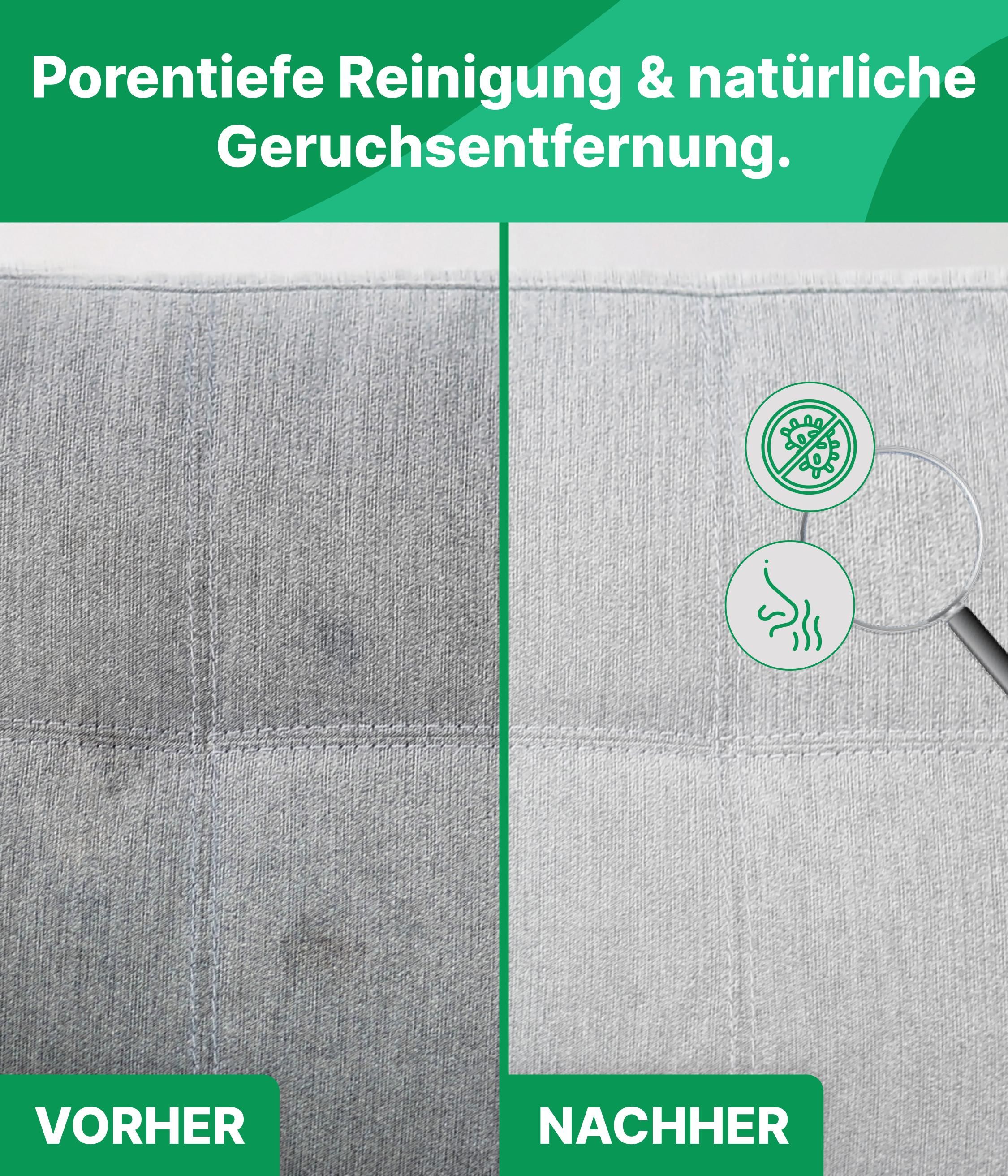 Vorher-Nachher-Vergleich. Text: Porentiefe Reinigung & natürliche Geruchsentfernung. Gezeigt: verschmutzter und gereinigter Stoff.