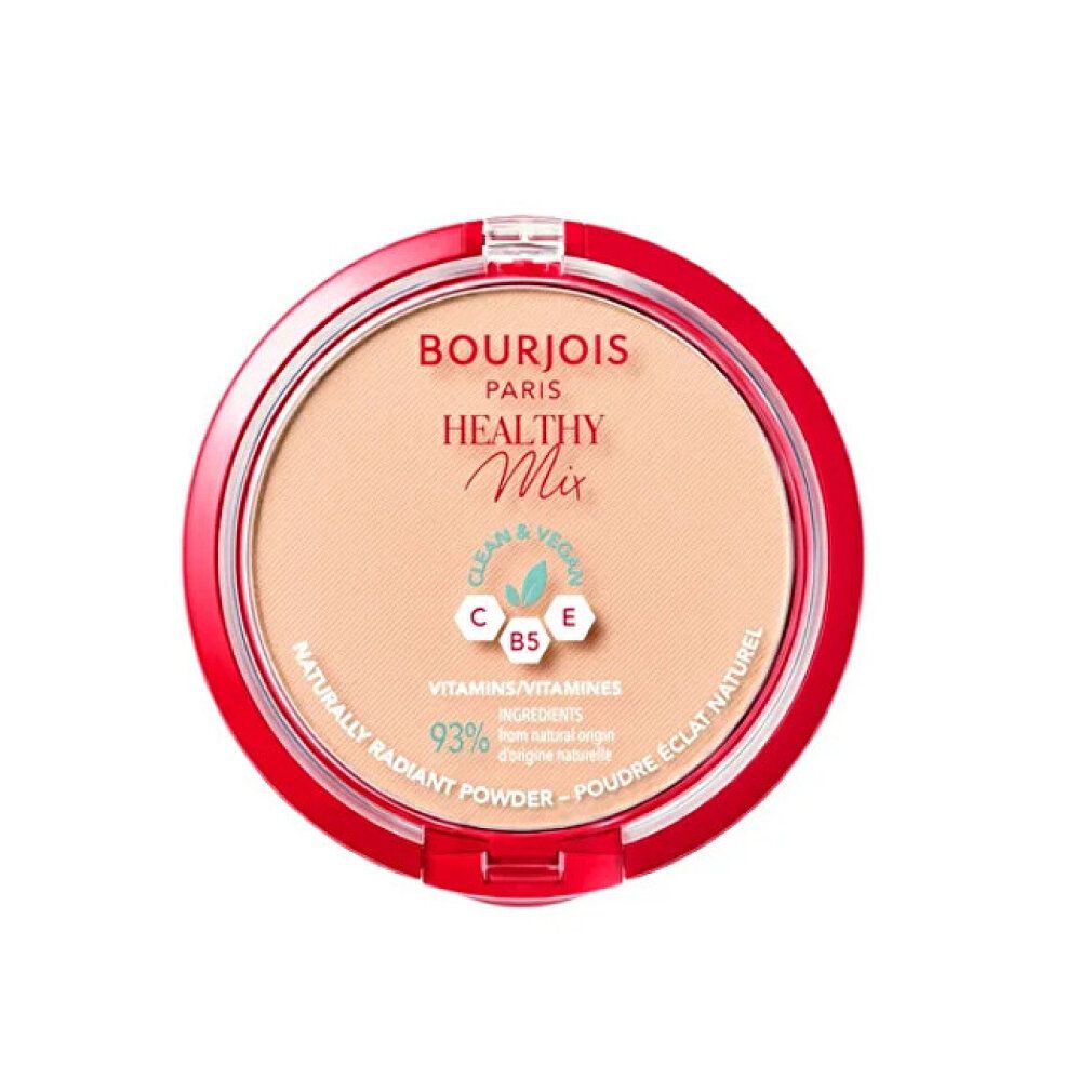 Runder, roter Puderbehälter. Beige Puder. Aufschrift: Bourjois Healthy Mix, Clean & Vegan, 93% Inhaltsstoffe natürlichen Ursprungs.