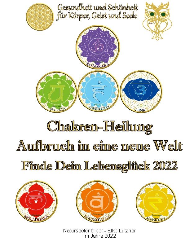 Poster mit Chakren-Symbolen und Text: Chakren-Heilung - Aufbruch in eine neue Welt. Titel, Autor und Jahr.