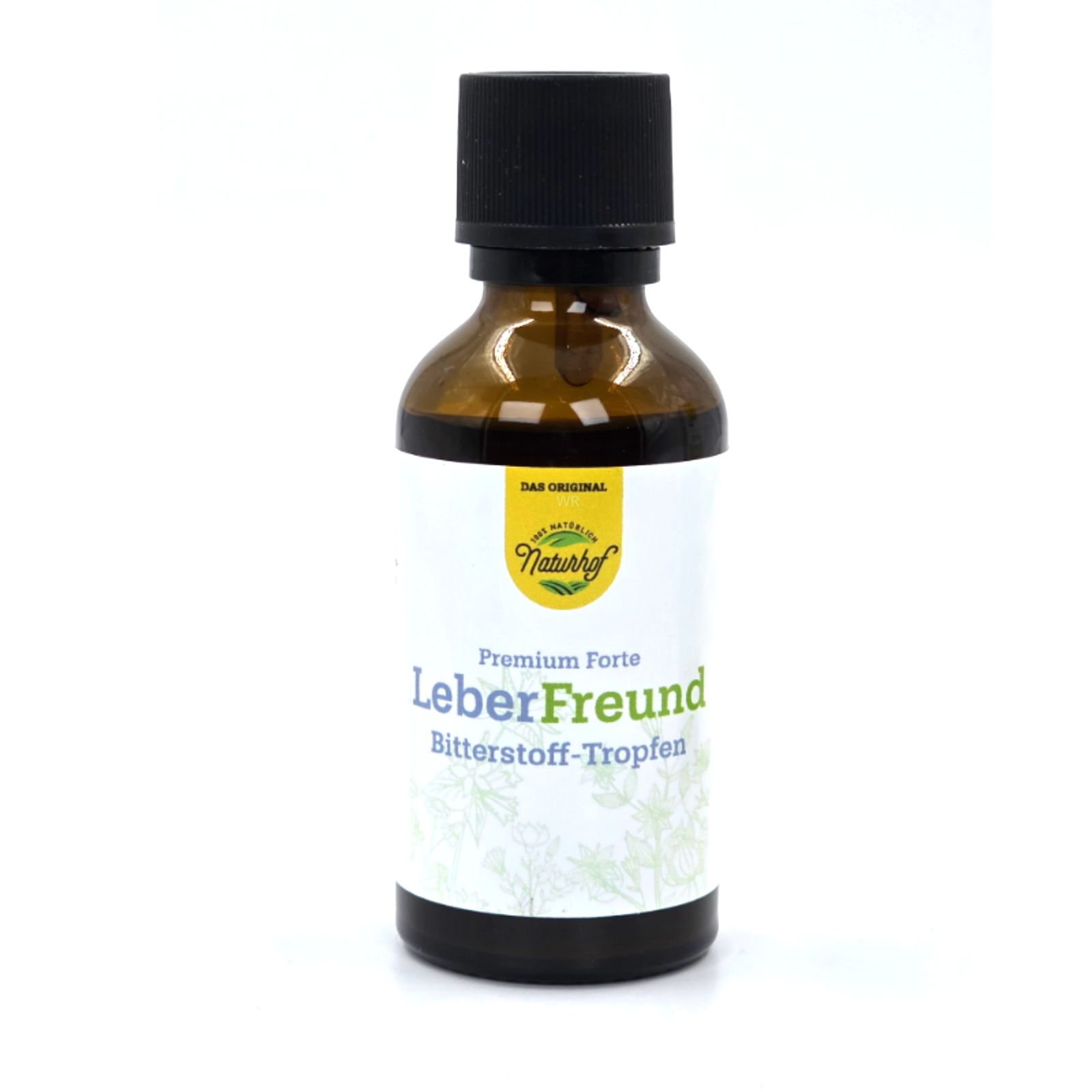 Braune Glasflasche mit schwarzem Verschluss und Etikett. Produktname und Logo sind sichtbar.