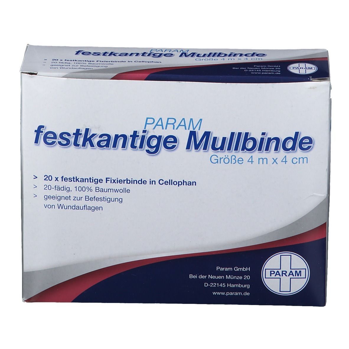 PARAM Mullbinde, festkantige Fixierbinde in Cellophan, Größe 4 m x 4 cm. Verpackung mit 20 Stück. 100% Baumwolle.