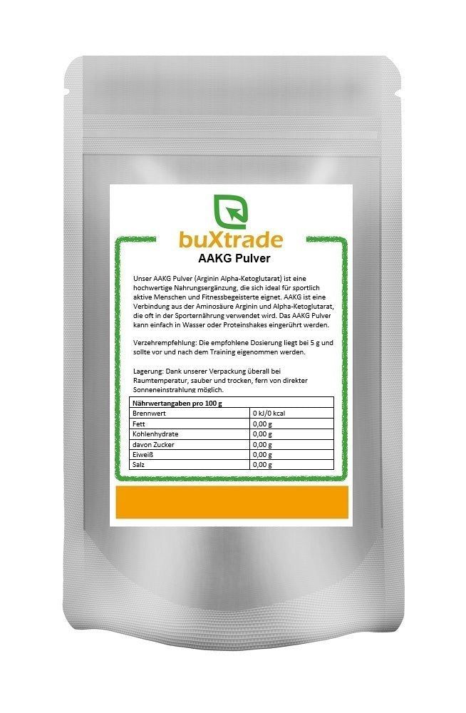 Beutel mit AAKG Pulver. Aufdruck mit Produktinformationen und Nährwertangaben. Marke: buXtrade.