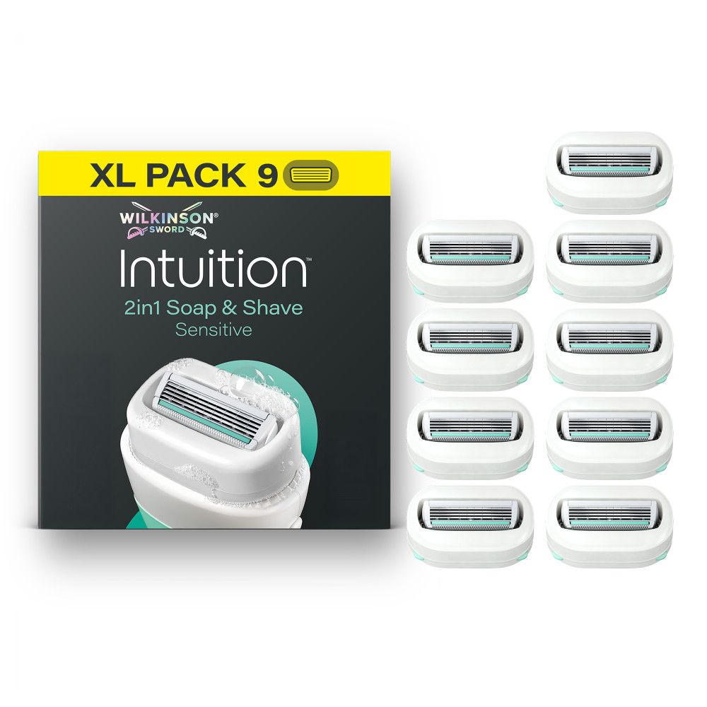 Technische Zeichnung einer Wilkinson Sword Intuition Rasierklingenverpackung, aufklappbar.