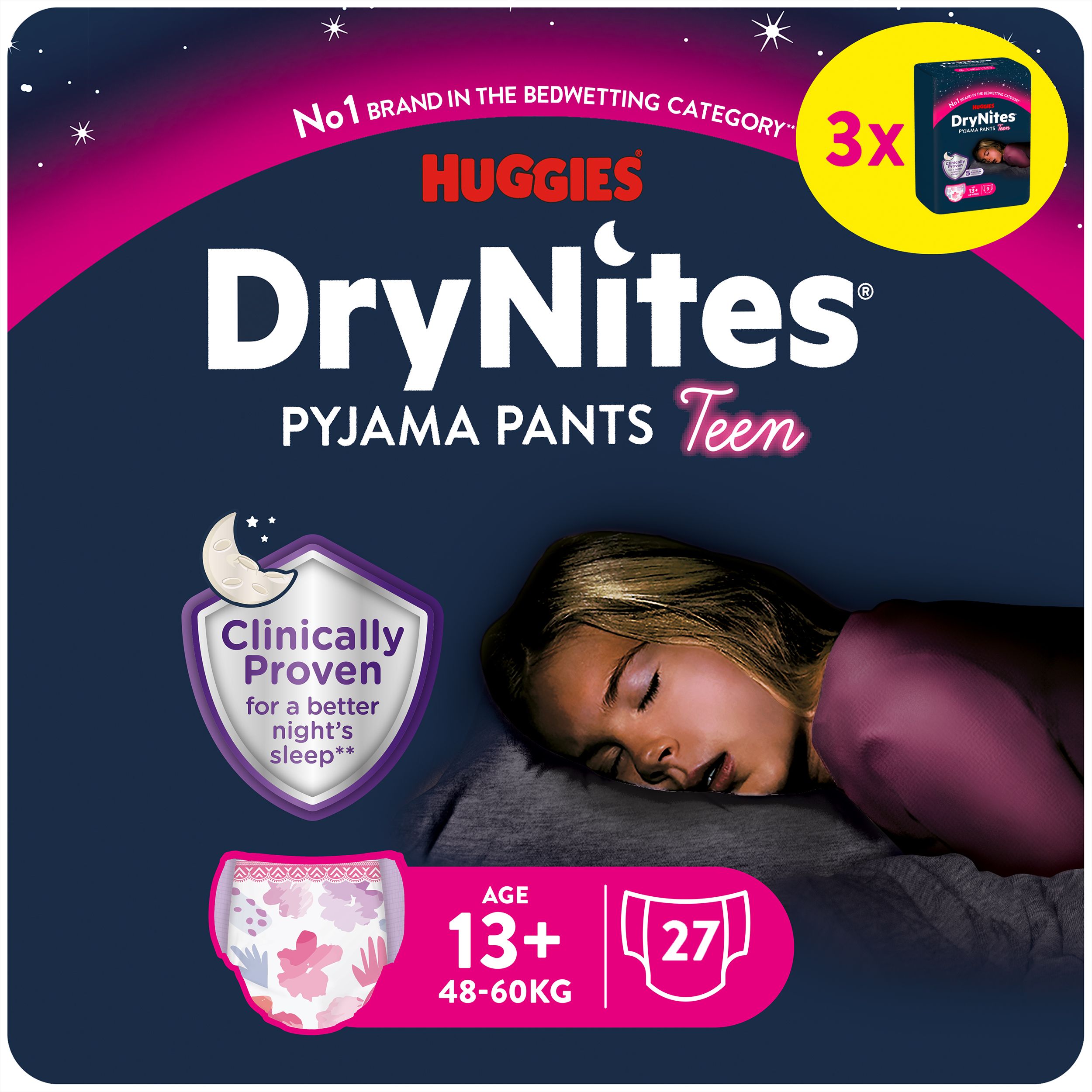 Huggies DryNites Pyjama Pants Teen, Packung. Aufdruck: Clinically Proven, 5 Schichten, Alter 13+, Größe 27. Mädchen schläft.