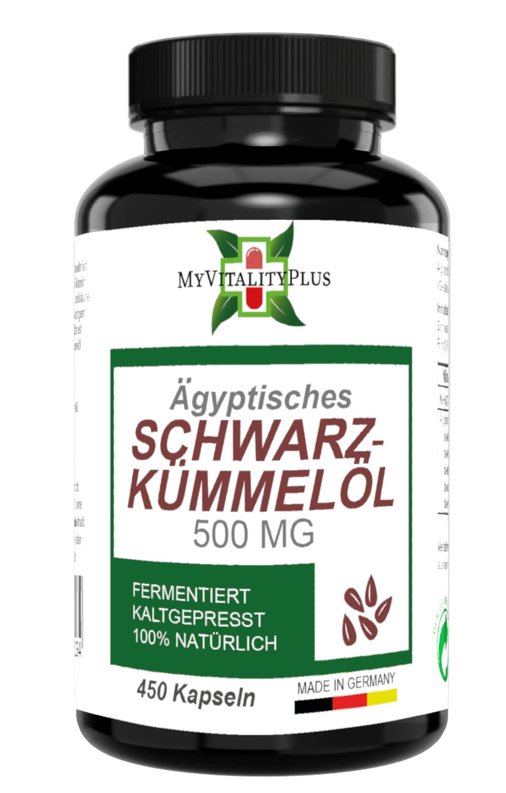 Schwarze Flasche mit Kapseln. Aufschrift: MyVitalityPlus, Ägyptisches Schwarzkümmelöl, 500mg, 450 Kapseln. Hergestellt in Deutschland.