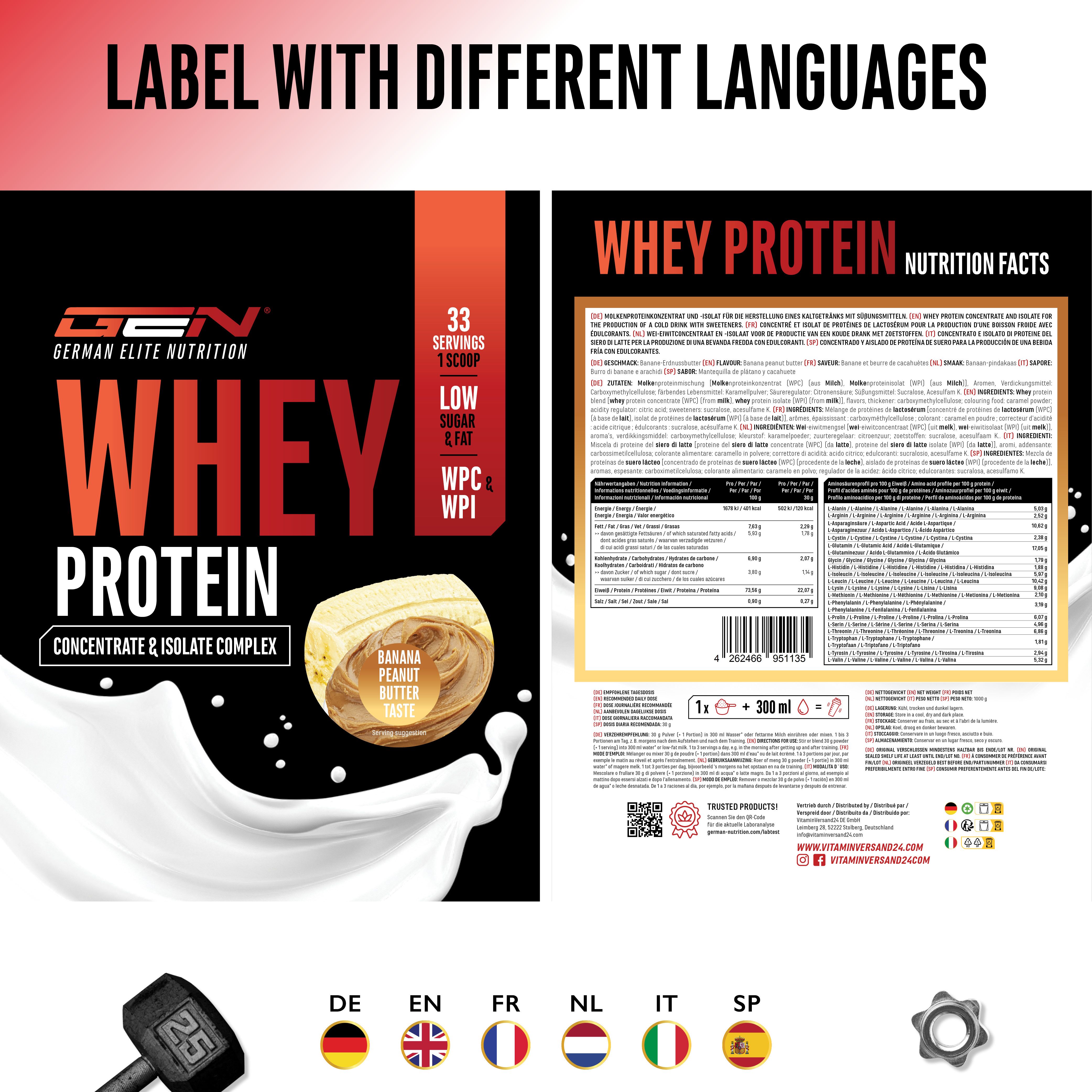 Etikett mit Informationen zu Whey Protein in verschiedenen Sprachen. Enthält Nährwertangaben und Produktinformationen.