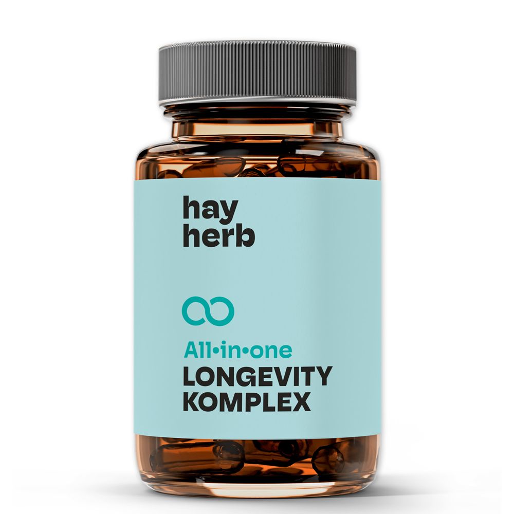 Braune Glasflasche mit Kapseln. Hellblaues Etikett mit "hay herb" und "All-in-one Longevity Komplex". Schwarzer Deckel.