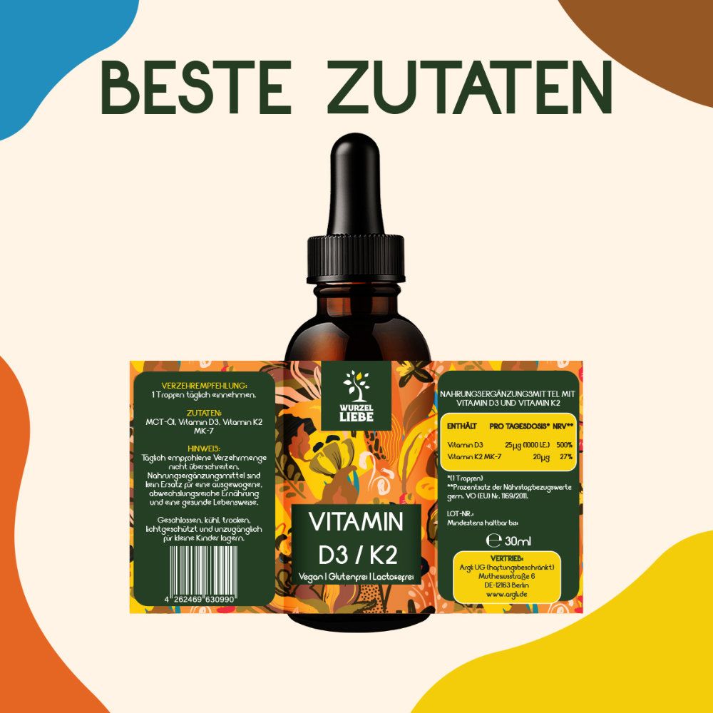 Braune Flasche mit Tropfer. Etikett "WURZELLIEBE Vitamin D3 / K2". Detailansicht der Inhaltsstoffe und Nährwertangaben.