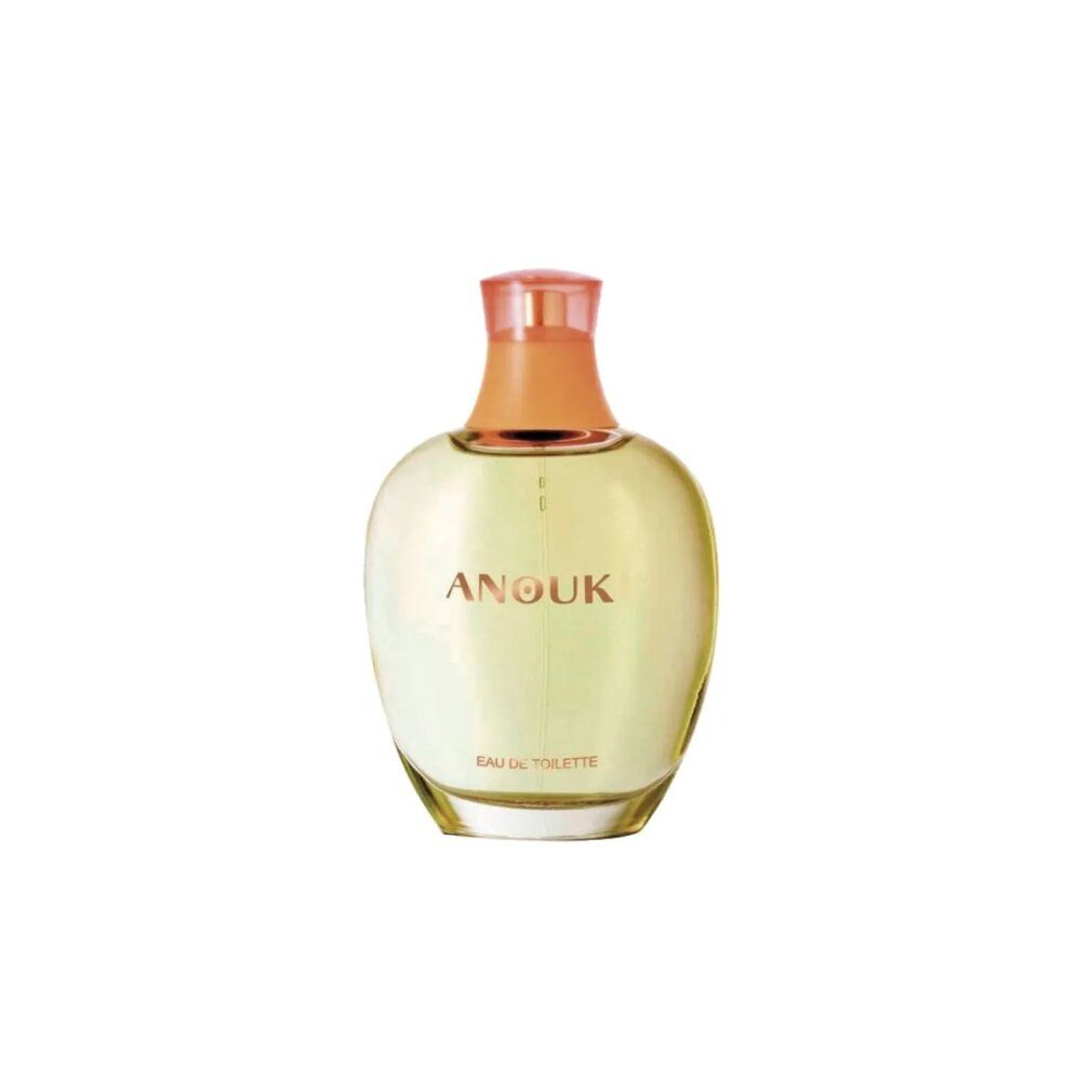 Anouk Eau De Toilette. Tropfenförmige Glasflasche mit gelblicher Flüssigkeit. Rosa-orangefarbener Verschluss. Schriftzug Anouk.