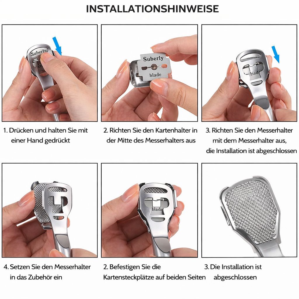 Hornhautfeile Set Edelstahl, Fußschaber & Feile mit 10 Klingen für Pediküre & Fußpflege