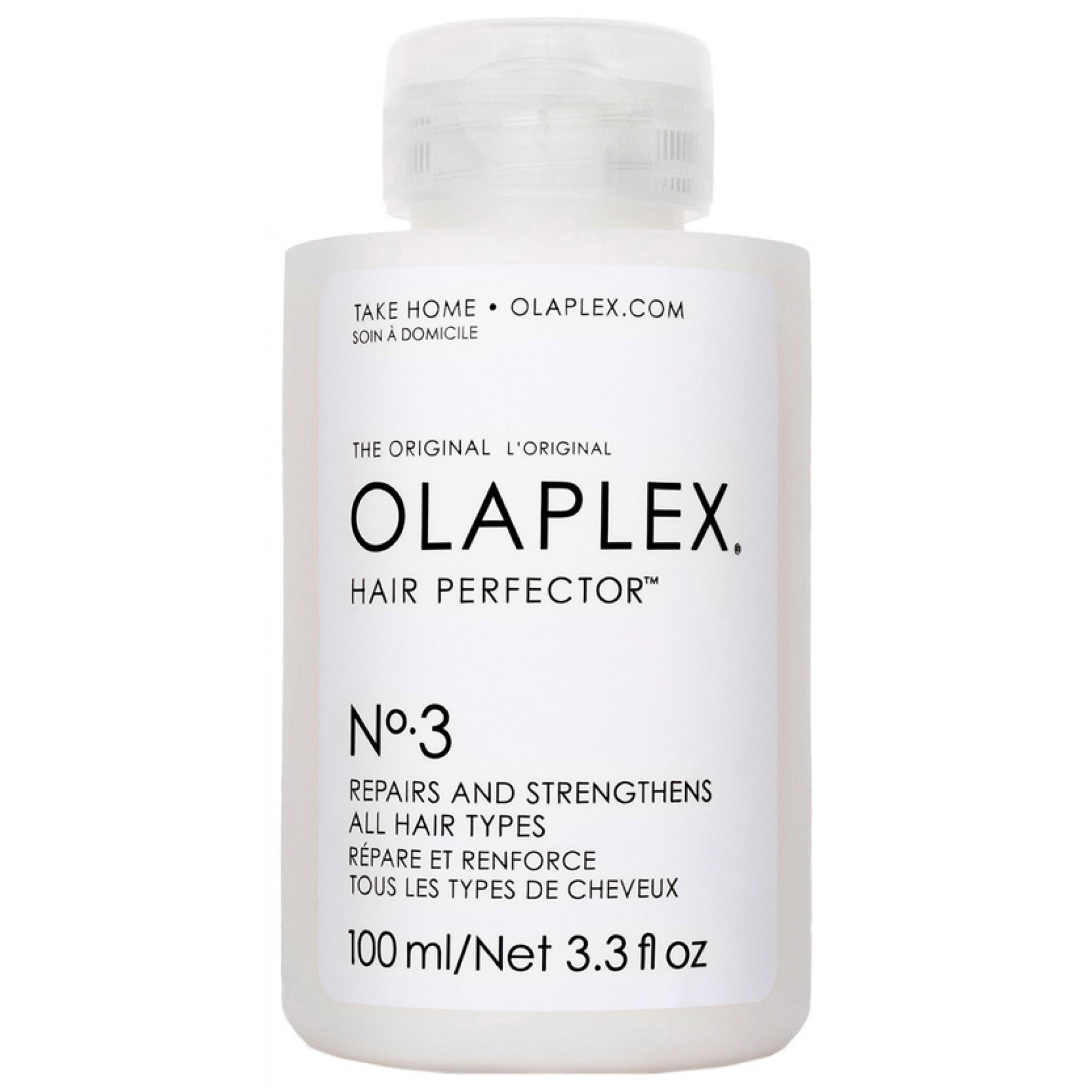 Olaplex No. 3 Hair Perfector Flasche mit weißem Etikett und transparentem Deckel.