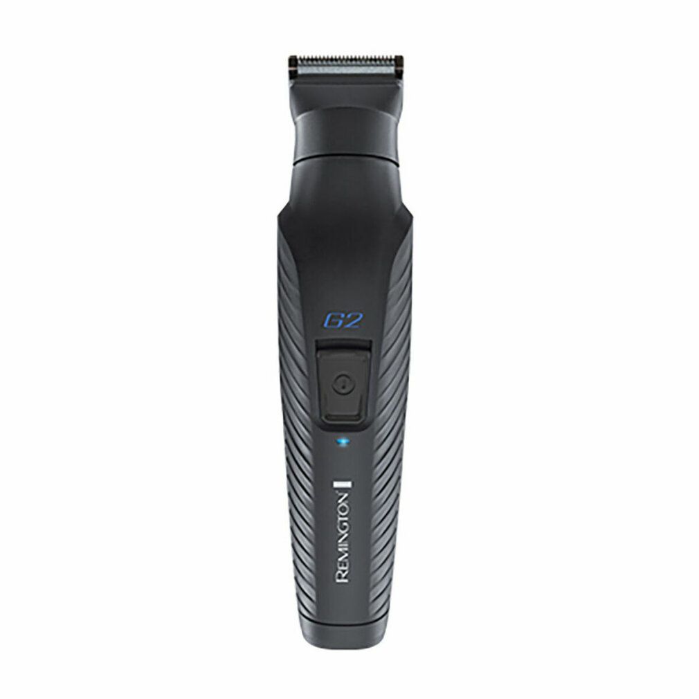 Schwarzer Trimmer mit blauer G2-Anzeige und Remington-Logo. Vertikale Rillen am Griff.