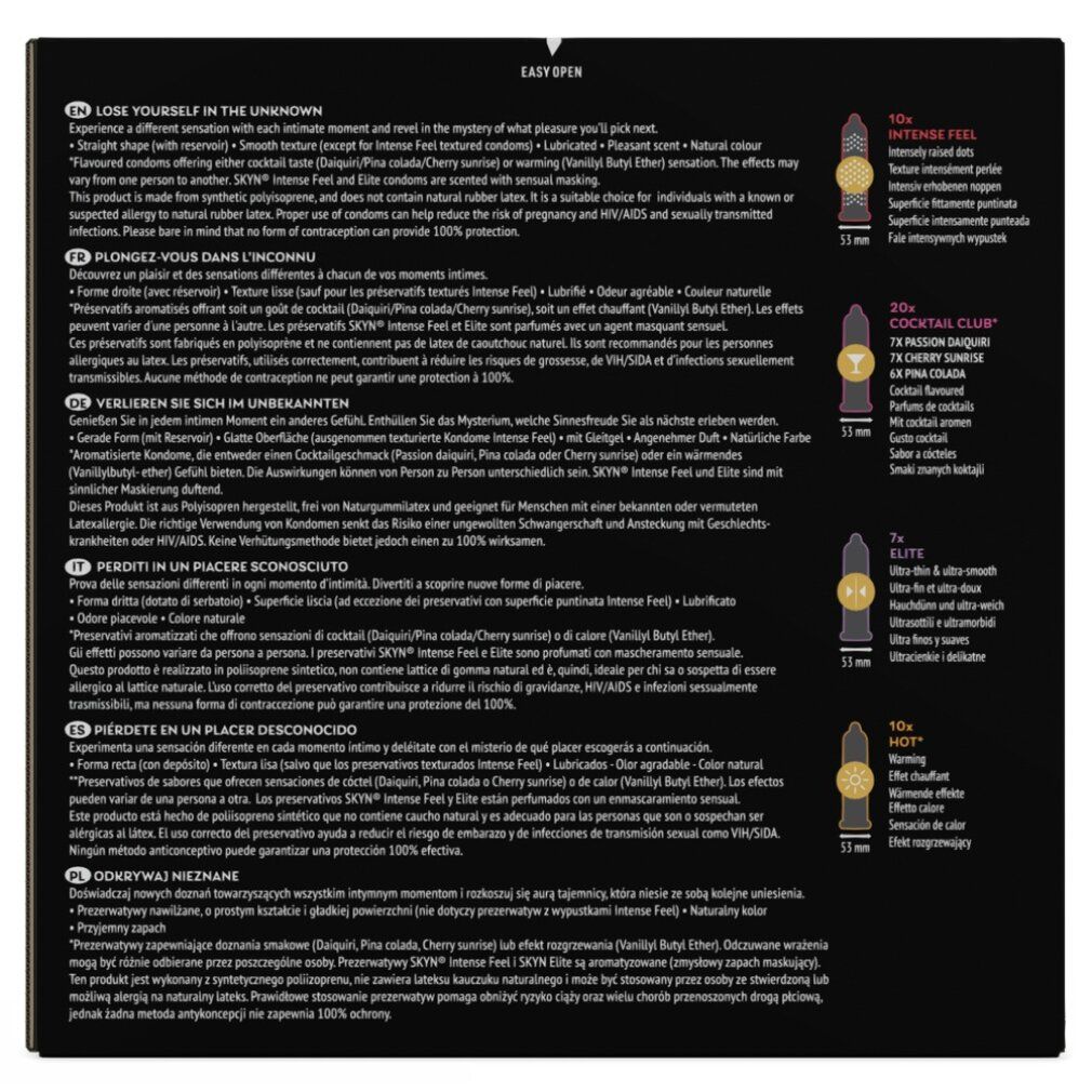 Schwarze Innenseite einer Verpackung mit Produktinformationen. Text in mehreren Sprachen. Vier Abbildungen von Kondomen mit Größenangaben.