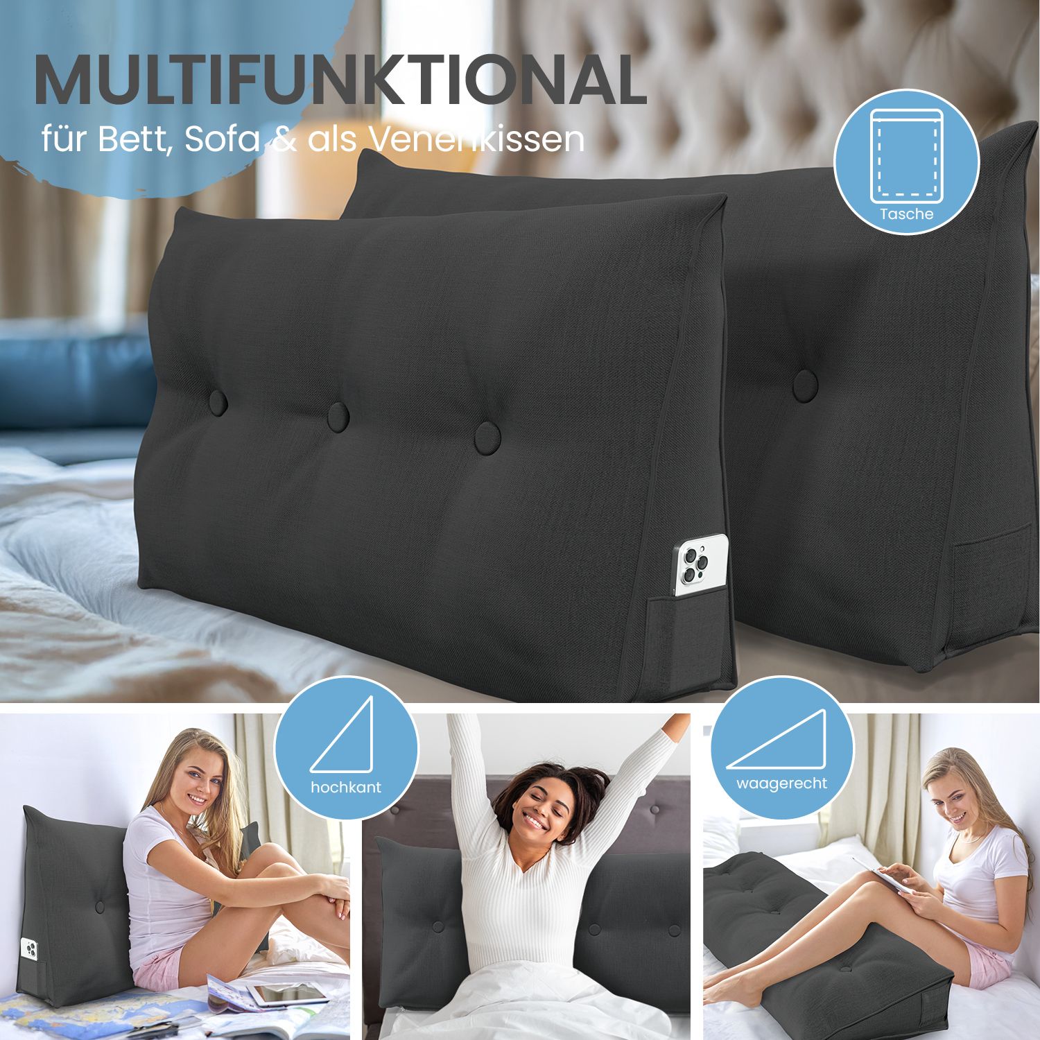 Graue Stützkissen mit Knöpfen. Text: Multifunktional für Bett, Sofa & als Venenkissen. Smartphone-Tasche.