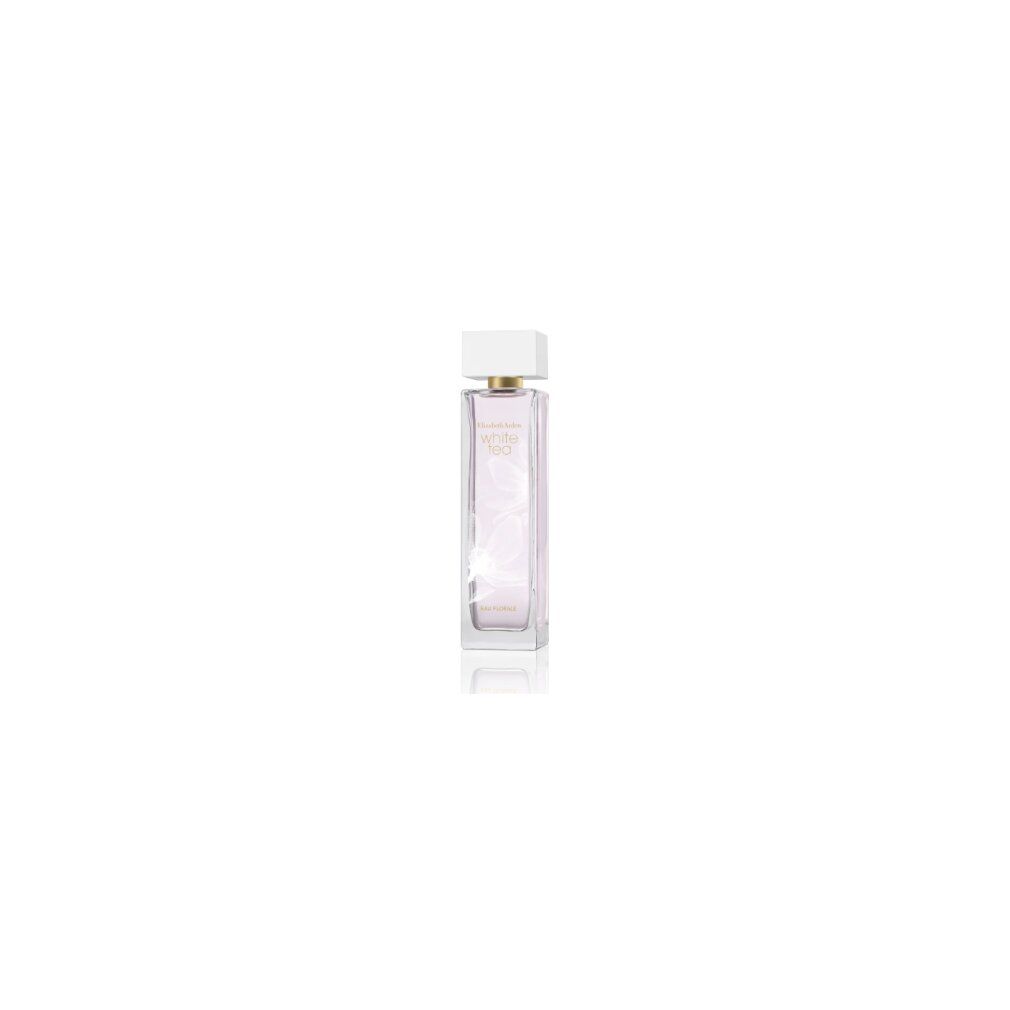 Parfümflakon. Weißer Flakon mit weißem Deckel. Aufschrift: White Tea Eau Florale. Transparenter Flakon mit rosa Flüssigkeit.