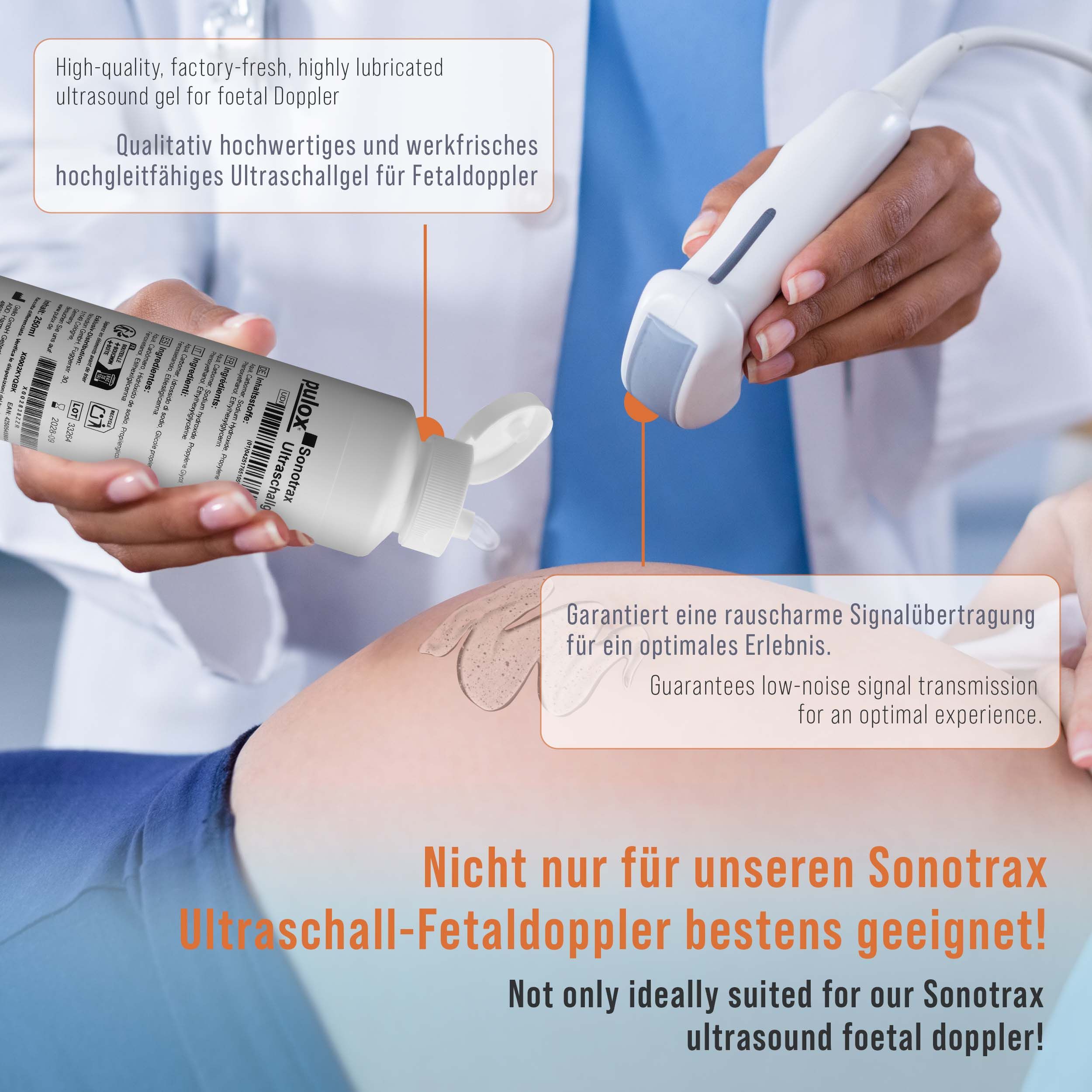 Person hält Ultraschallgel-Tube und Ultraschallgerät. Text: Qualitativ hochwertiges Ultraschallgel für Fetaldppler.