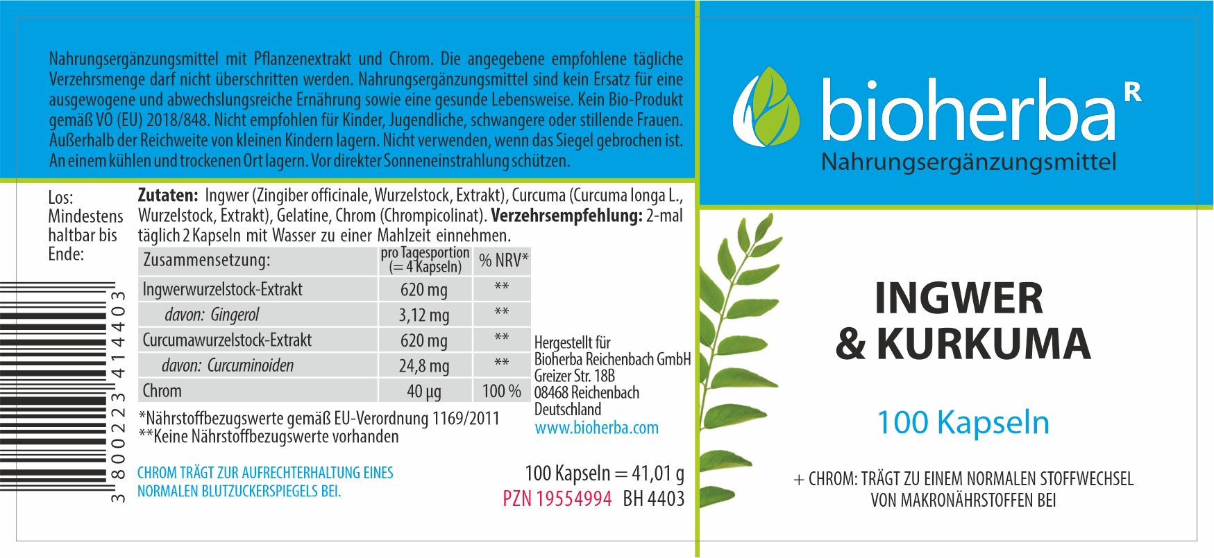 Etikett einer Kapsel-Dose. Aufschrift: Bioherba, Ingwer & Kurkuma, 100 Kapseln. Enthält Informationen zu Inhaltsstoffen und Dosierung.