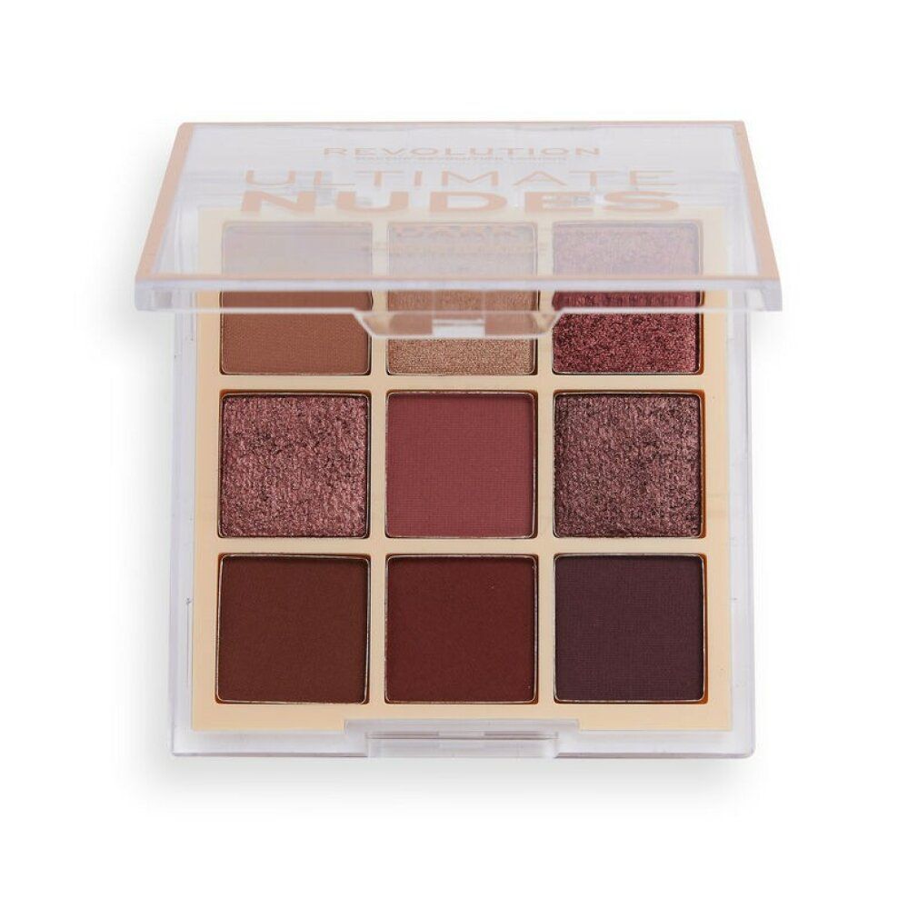 Lidschatten-Palette mit neun Farbtönen. Transparenter Deckel. Aufschrift: ULTIMATE NUDES. Farbtöne: Rosa, Braun, Dunkelbraun. Quadratische Verpackung.