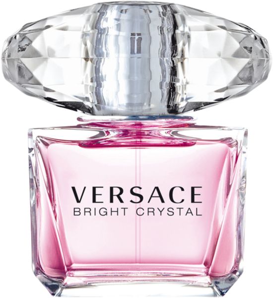 Versace Bright Crystal Eau de Toilette Spray. Rosa Flakon mit Kristallverschluss. Text: Versace, Bright Crystal.