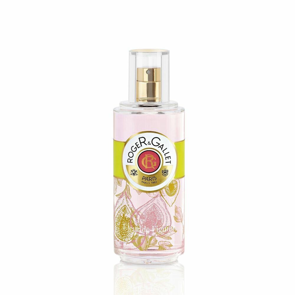 Rosa Flakon mit gelbem Streifen und Schriftzug FLEUR DE FIGUIER. Aufdruck mit Feigenmotiven. Transparenter Verschluss.