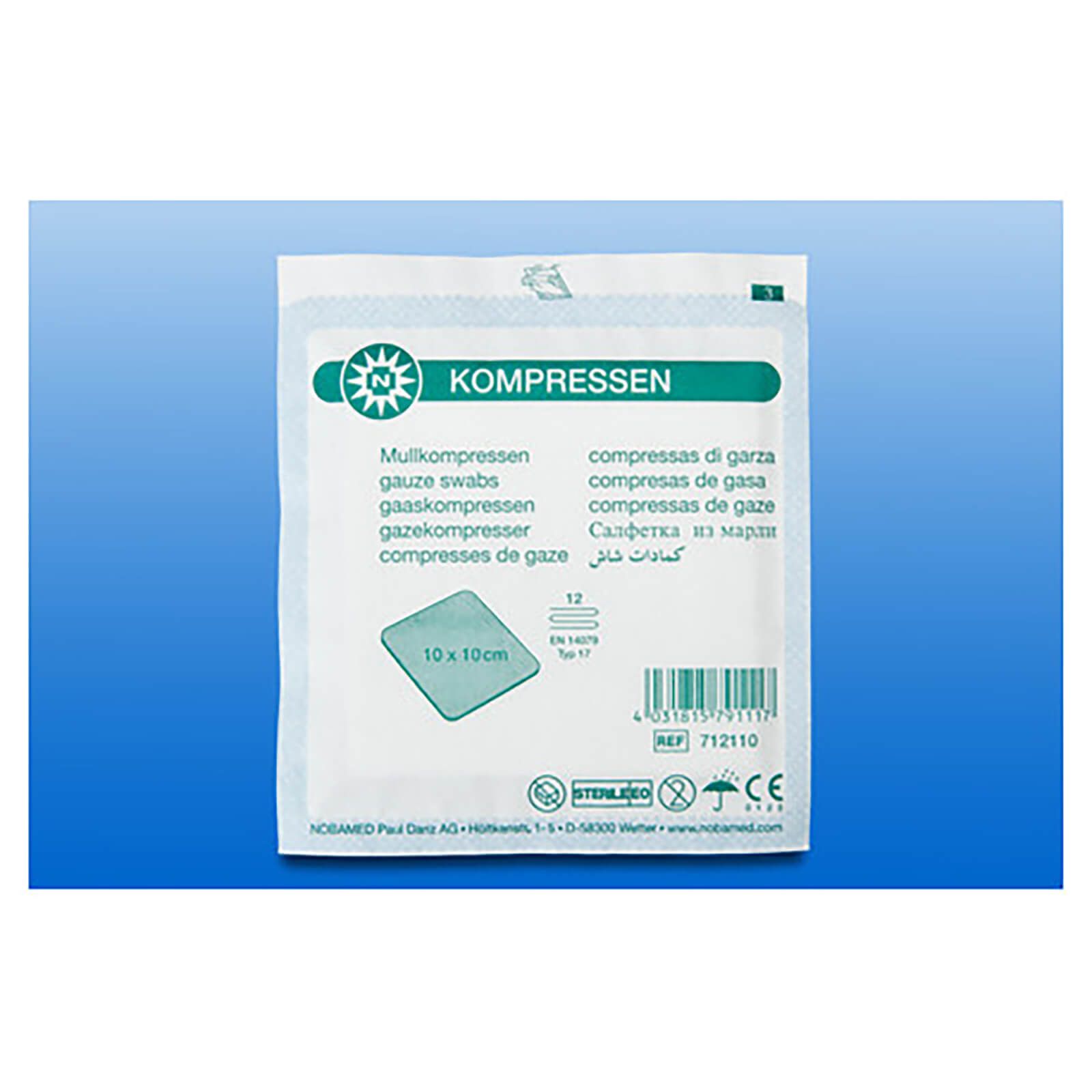 Verpackung mit Mullkompresse. Aufdruck: Mullkompressen, 10 x 10 cm. Logo und Produktname. Steril-Kennzeichnung.