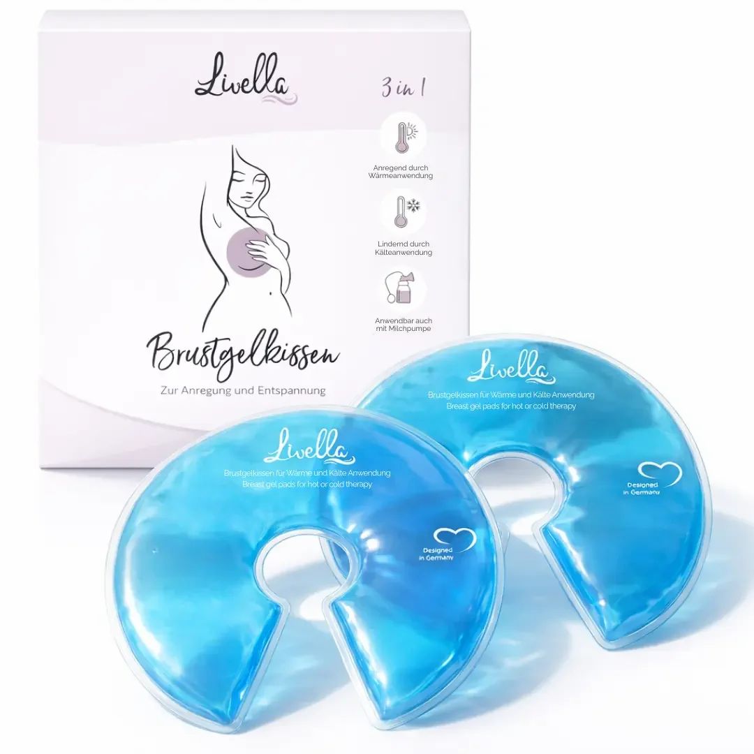 Verpackung mit Brustgelkissen. Zwei blaue, halbmondförmige Kissen. Text: Livella, Brustgelkissen, 3 in 1.
