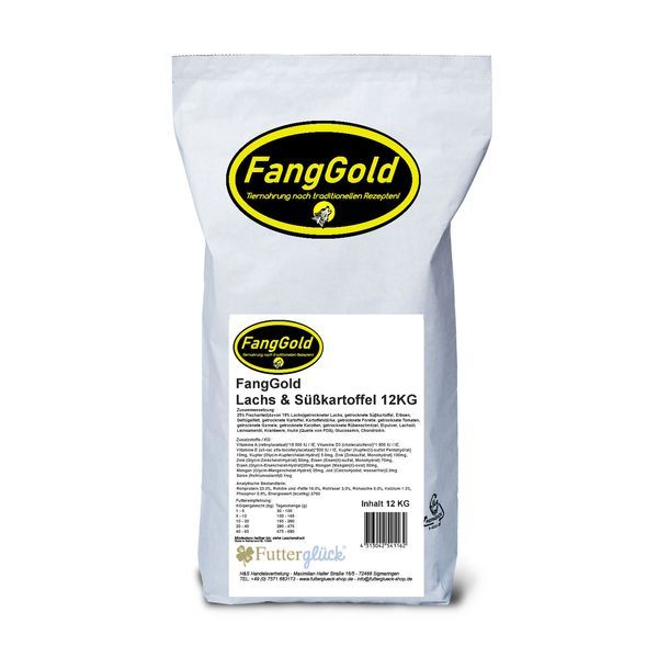 Weißer Beutel mit FANGGOLD-Logo. Text: Lachs & Süßkartoffel 12KG. Aufdrucke mit Produktinformationen und Barcode.
