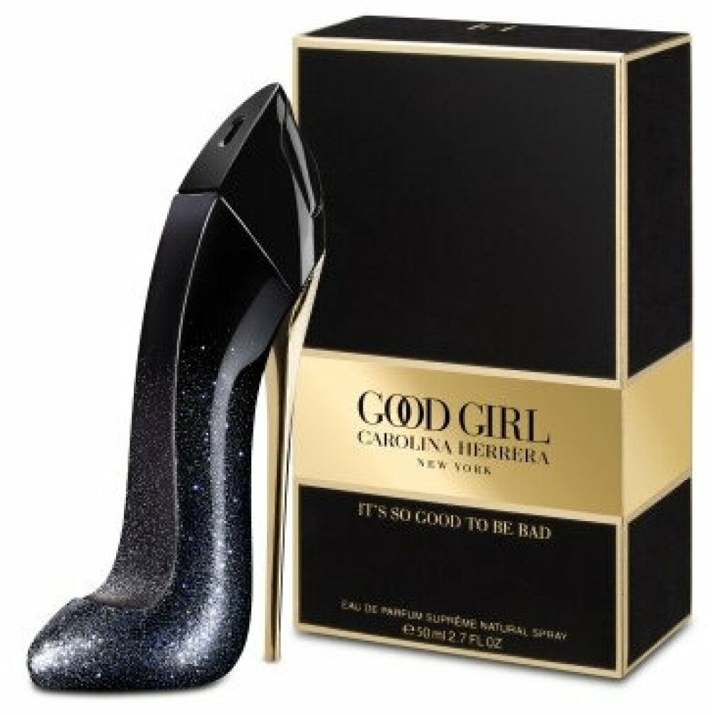 Schwarzer Schuh-Flakon und Schachtel. Goldfarbene Details. Aufschrift: Good Girl, Carolina Herrera.