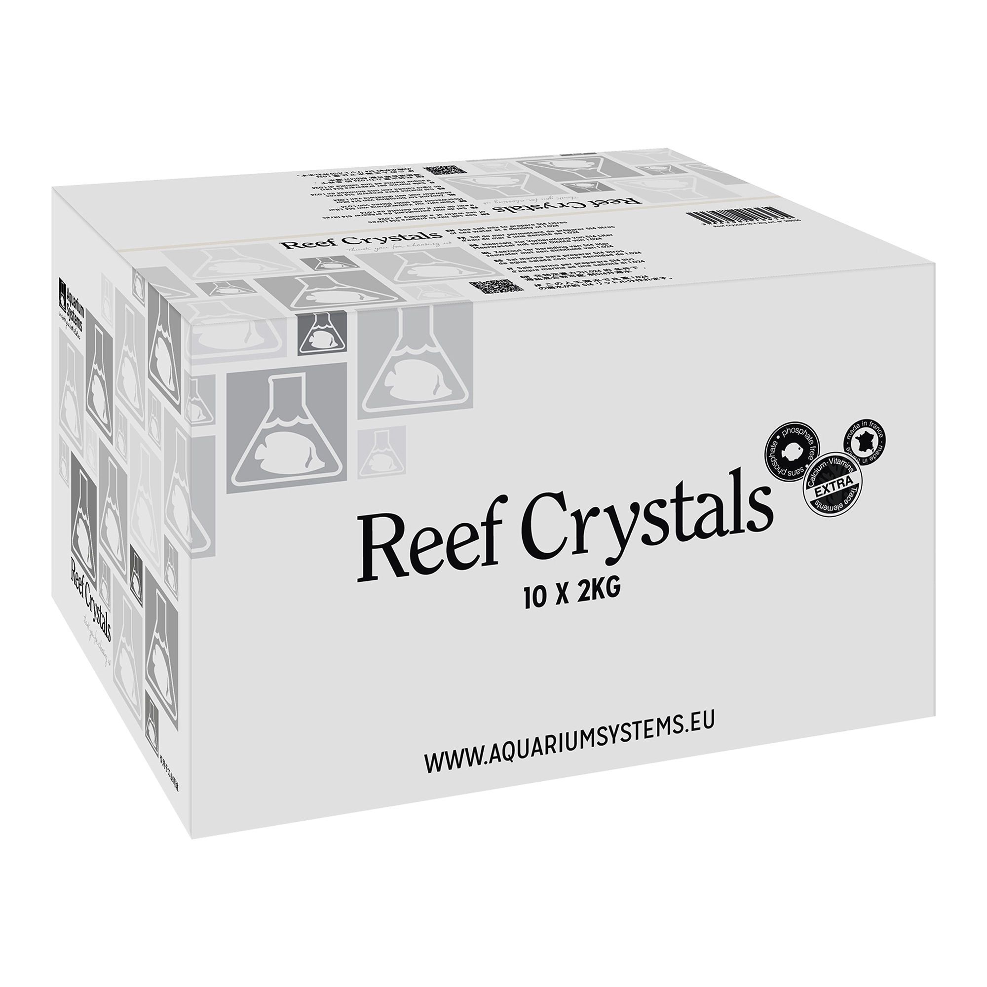 Weiße Kartonverpackung mit "Reef Crystals"-Logo und Text. Enthält 10 x 2KG. Aufdrucke: www.aquariumsystems.eu und Qualitätssiegel.