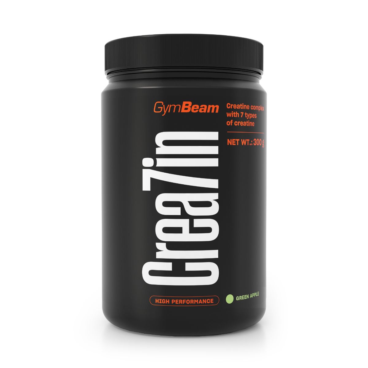 Schwarzer Behälter mit GymBeam Crea7in Etikett, "High Performance" und "Green Apple" Aufschrift.