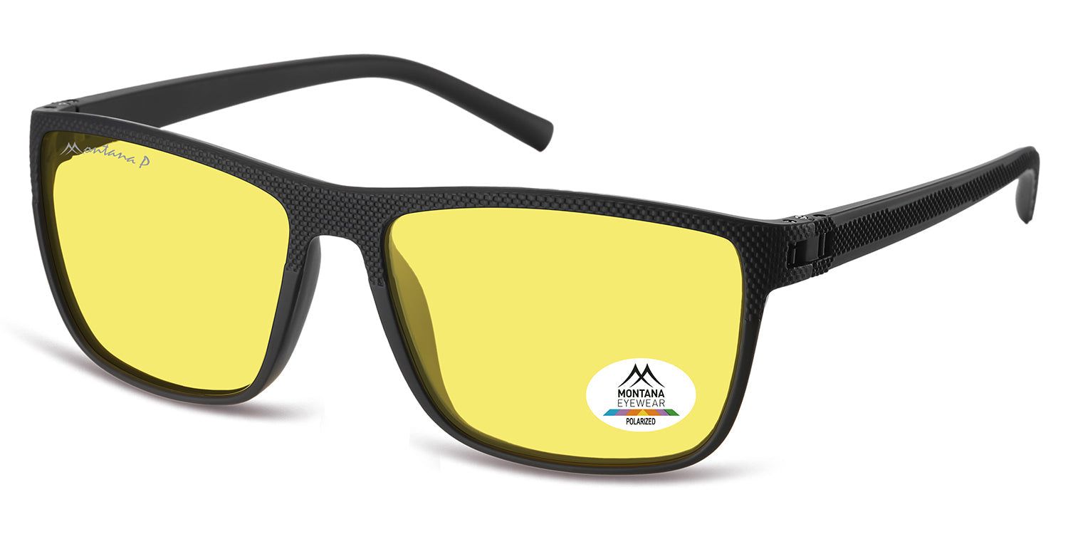 Schwarze Brille mit gelben Gläsern. Montana Eyewear Logo auf dem Rahmen. Polarisiert-Aufkleber auf dem rechten Glas.