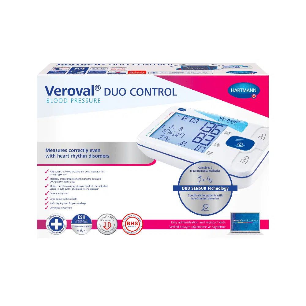 Veroval® Duo Control Blutdruckmessgerät in Verpackung. Großes Display, Duo Sensor Technologie. ESH, BHS Zertifizierung.