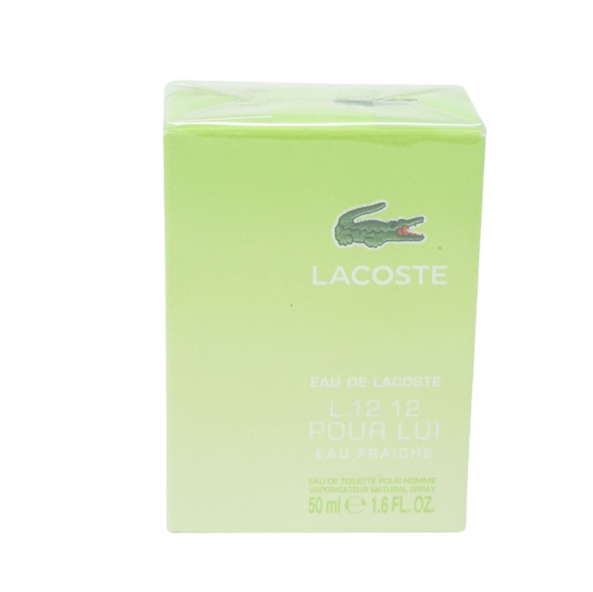 Grüne rechteckige Verpackung mit Lacoste-Logo und Produktbezeichnung. Aufschrift: L.12.12 Pour Lui Eau Fraiche.