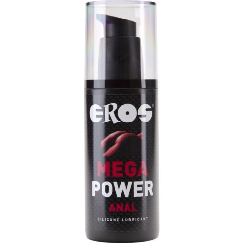 Schwarze Flasche mit Pumpe. Aufschrift: EROS, MEGA POWER ANAL, SILICONE LUBRICANT. Transparentes Oberteil.