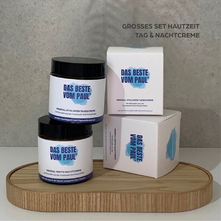 Set mit zwei Tiegeln und zwei Kartons. Aufschrift: DAS BESTE VOM PAUL. Mineral Hyaluron Tagescreme und Mineral Peptid Nachtcreme.