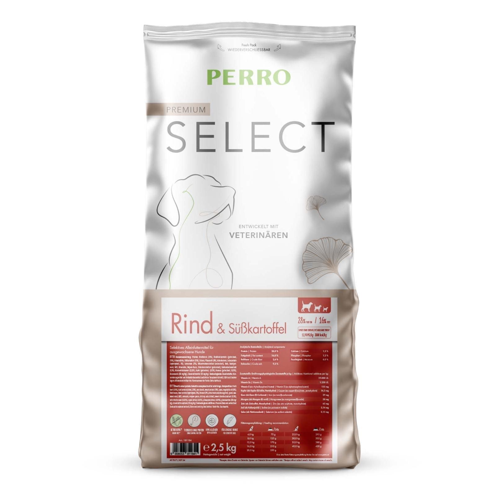 Hundefutter-Beutel. "PERRO SELECT"-Logo. Enthält Rind & Süßkartoffel. Getreidefrei. 2,5 kg. Mit Illustration eines Hundes.