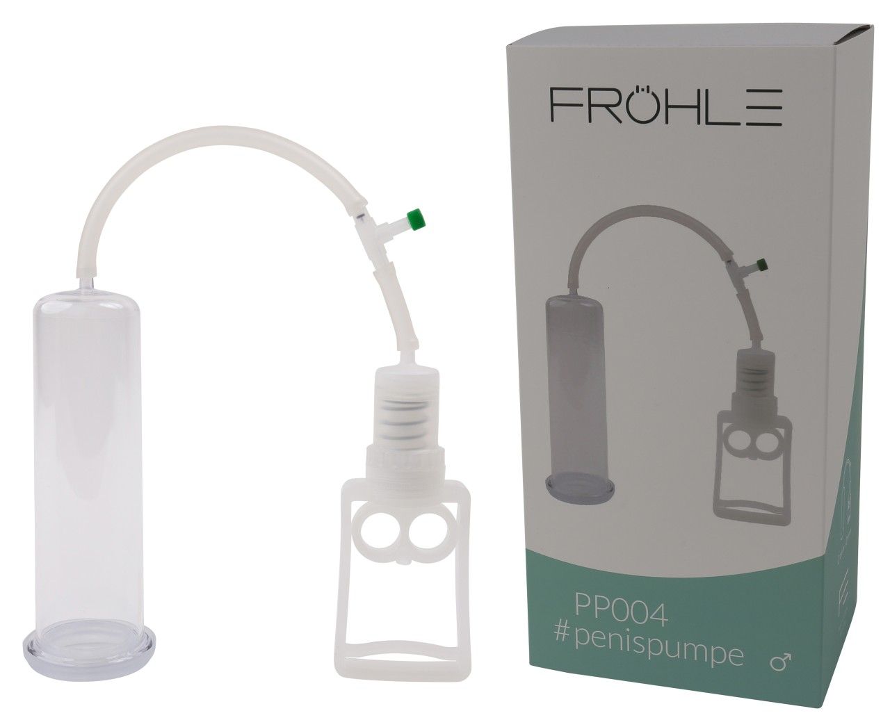 Produktverpackung mit Gerät, Zylinder, Schlauch und grünem Ventil. Text: Fröhle, PP004 #penispumpe.