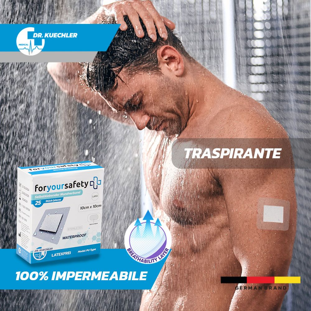 Mann unter der Dusche mit Pflaster am Arm. Text: Traspirante, 100% impermeabile.