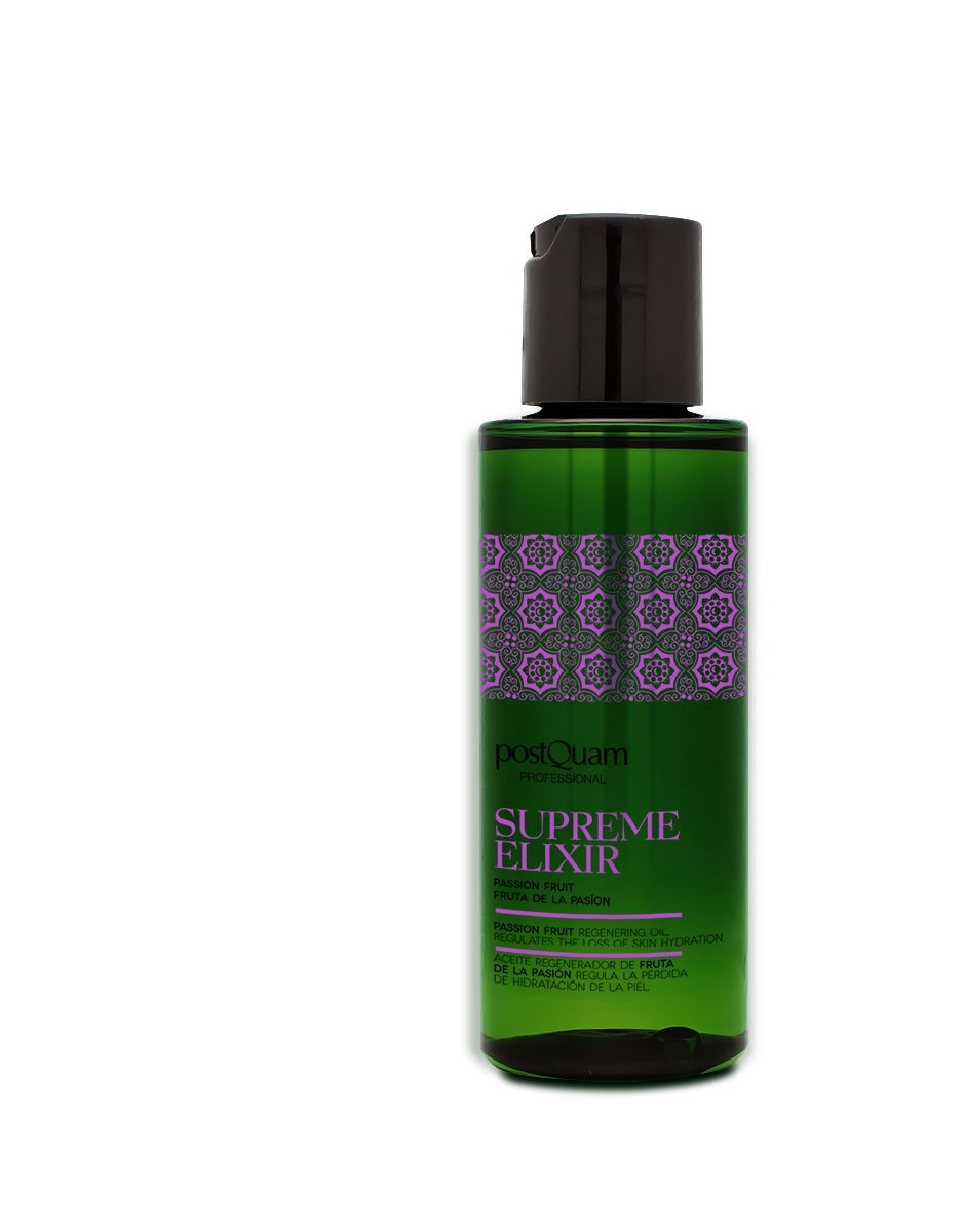 Grüne Flasche mit schwarzem Deckel und lila Etikett. Text: Supreme Elixir, Passion Fruit. Produktname und Marke sind sichtbar.