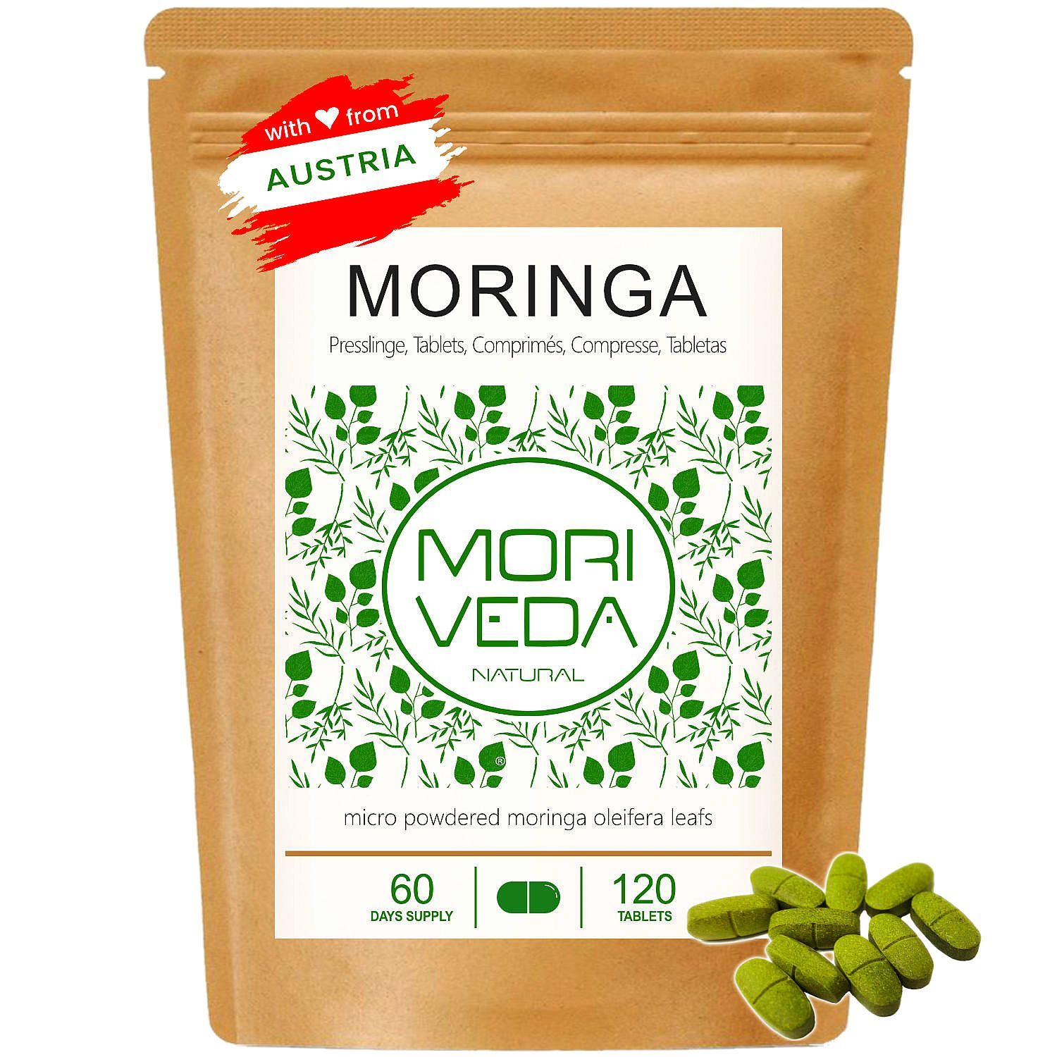 Beutel mit Tabletten. Aufschrift MORINGA, MORIVEDA NATURAL. 120 Tabletten. Mit österreichischem Siegel.
