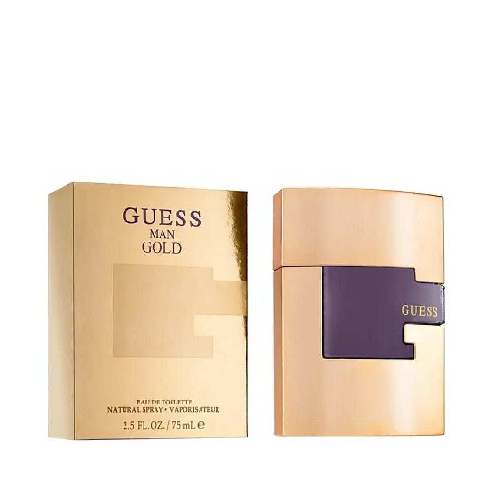 Goldfarbener Flakon und Verpackung. Aufschrift: GUESS MAN GOLD. Flakon mit lila Detail. Text: Eau de Toilette.
