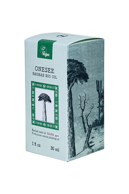 Confezione in cartone per Onesee Baobab Bio Oil. Sigillo vegano. Illustrazione di un albero. Testo: Baobab Seed Oil, 30 ml.