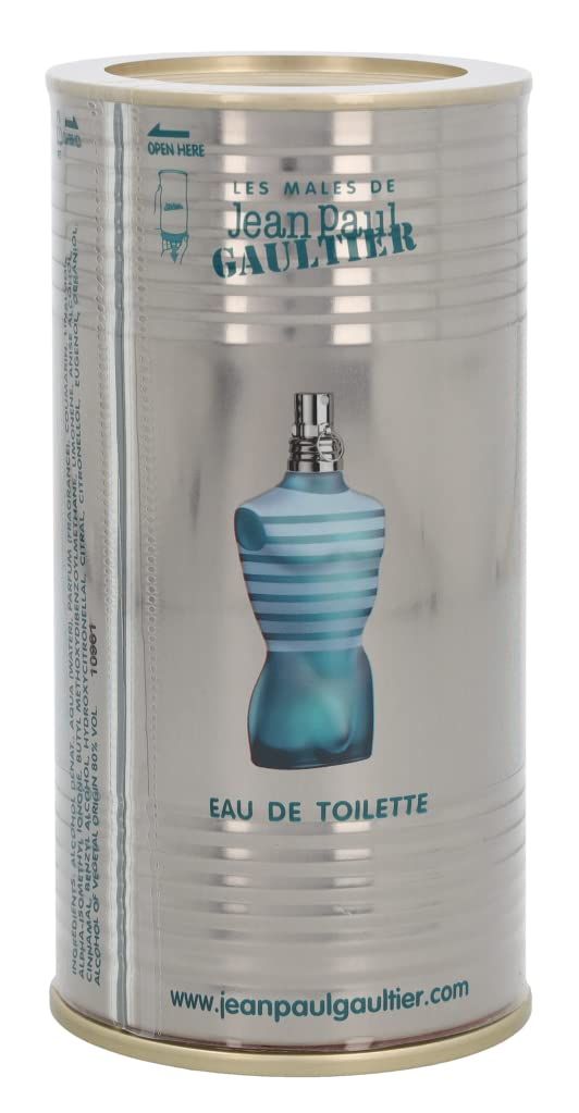 Silberne Dose mit Abbildung einer türkisfarbenen Flasche. Aufschrift: Jean Paul Gaultier, Eau de Toilette.