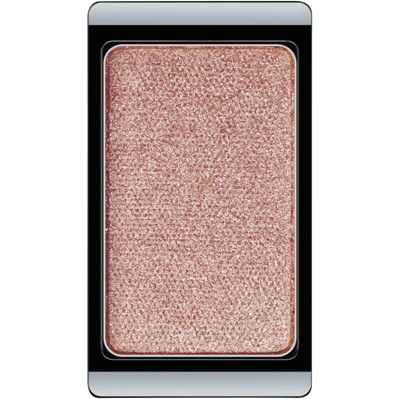 Lidschatten in rechteckiger, schwarzer Hülle mit silbernem Rand. Rosa-goldener Farbton mit glitzernder Oberfläche.