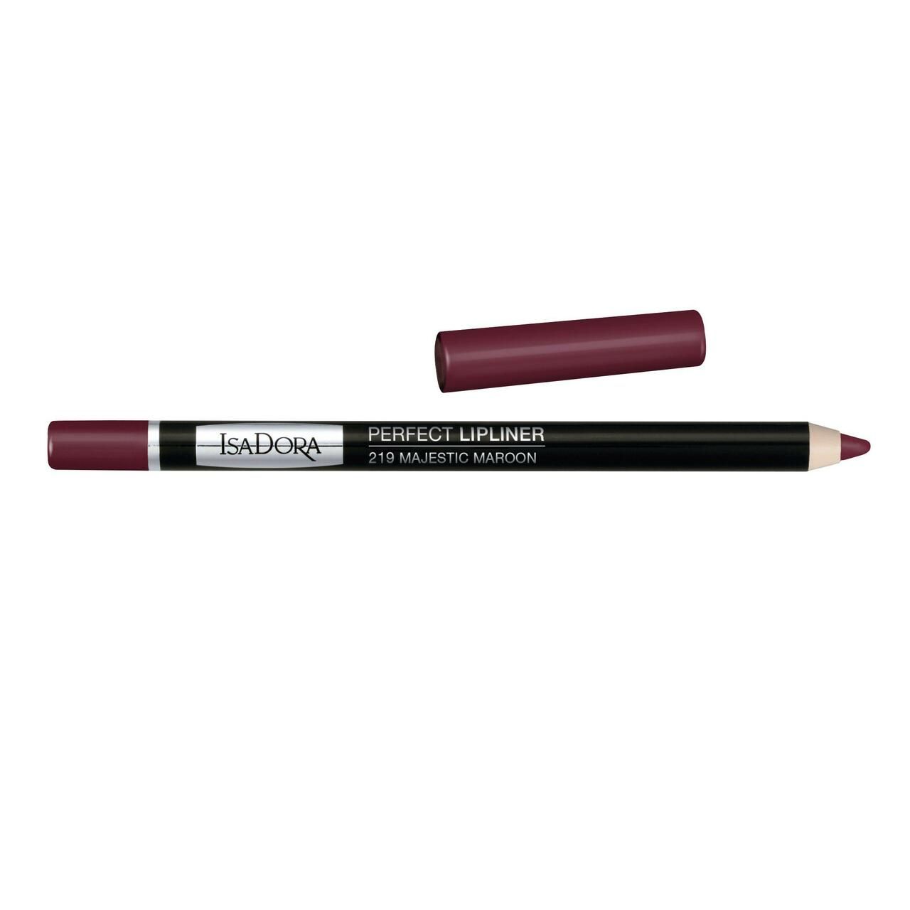 IsaDora Perfect Lipliner, Farbe Majestic Maroon. Schwarzer Stift mit abgenommenem Deckel. Produktname und Farbton auf dem Stift.
